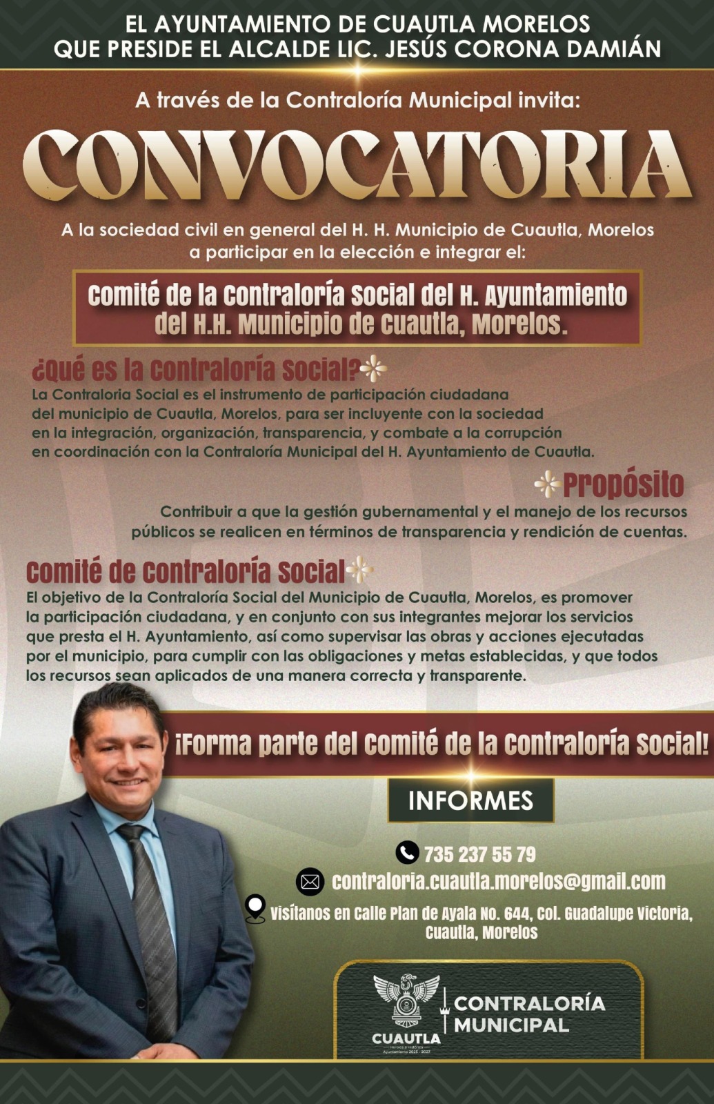 CUAUTLA ABRE CONVOCATORIA PARA FORMAR PARTE DEL COMITÉ DE CONTRALORÍA SOCIAL