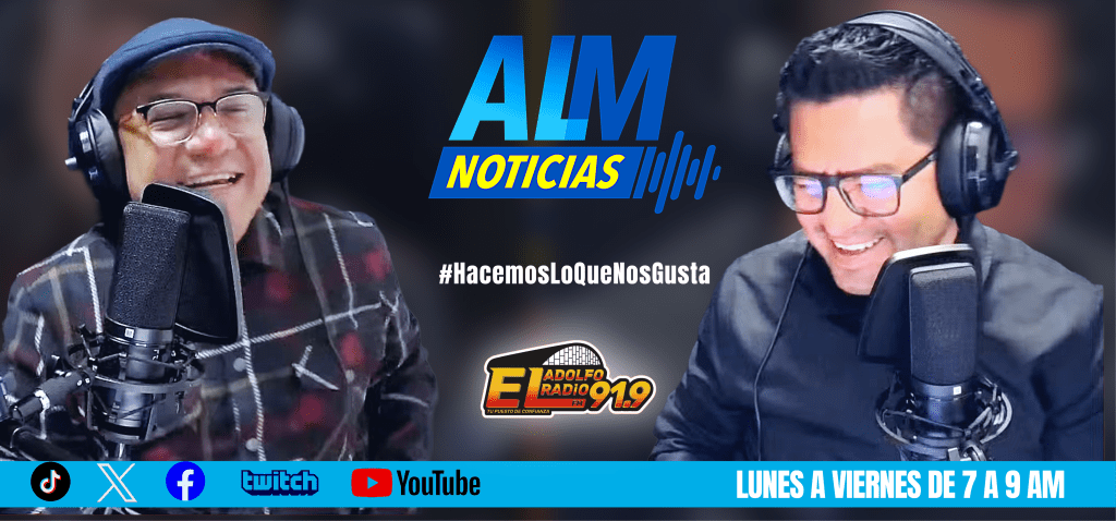 Two presenters laughing and speaking into microphones in a radio studio, promoting a news program.