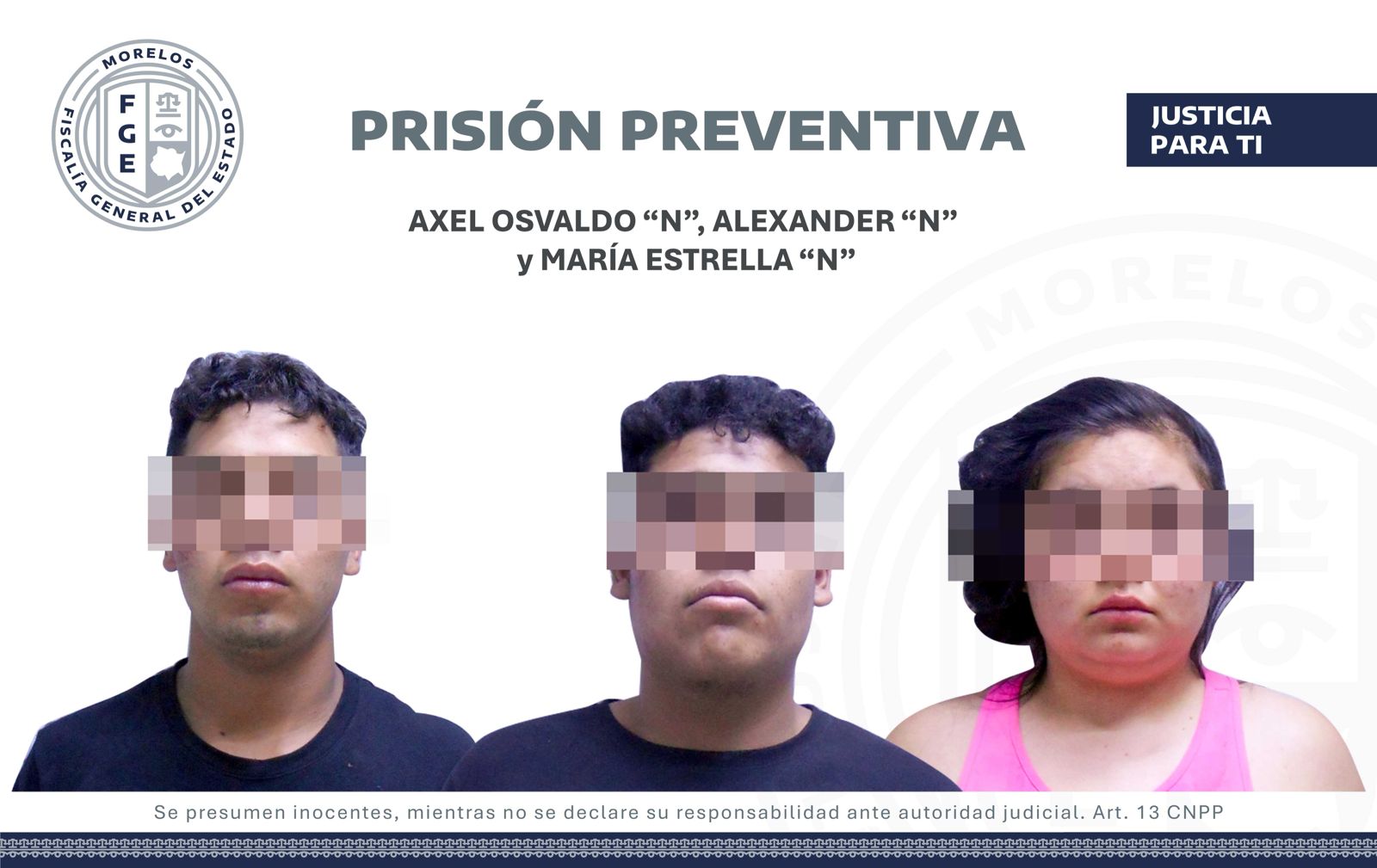 PRISIÓN PREVENTIVA PARA DOS HOMBRES Y UNA MUJER POR HOMICIDIO Y ROBO CALIFICADO EN TEMIXCO, MORELOS